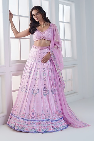 Powder Pink Viscose Dull Satin Handwork Lehenga Set by ROSA by Priyanka kar