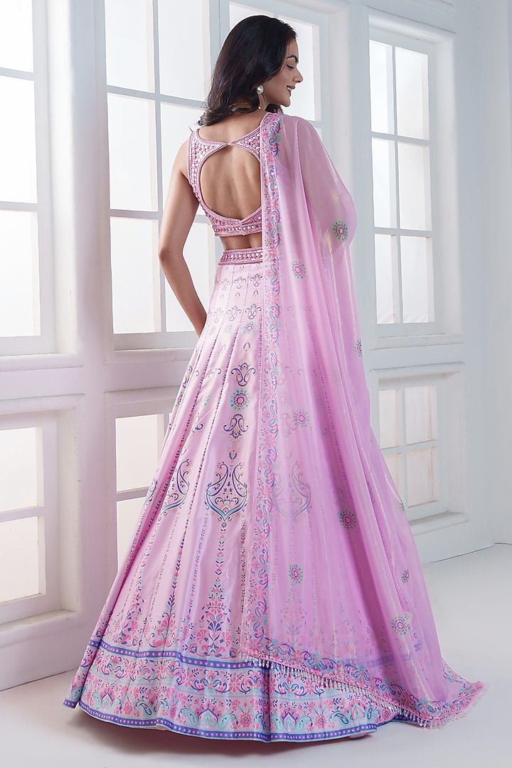 Powder Pink Viscose Dull Satin Handwork Wedding Lehenga Set by ROSA by Priyanka kar at Pernia's Pop Up Shop