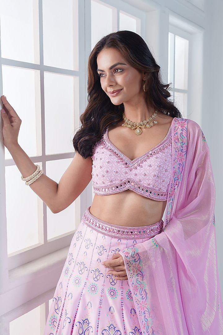 Powder Pink Viscose Dull Satin Handwork Wedding Lehenga Set by ROSA by Priyanka kar at Pernia's Pop Up Shop