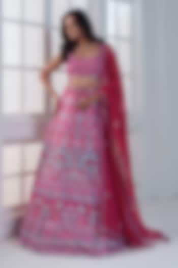 Reddish-Pink Viscose Dull Satin Handwork Wedding Lehenga Set by ROSA by Priyanka kar at Pernia's Pop Up Shop
