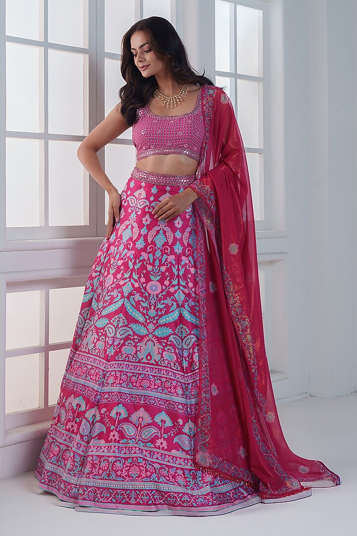 Reddish-Pink Viscose Dull Satin Handwork Wedding Lehenga Set by ROSA by Priyanka kar at Pernia's Pop Up Shop