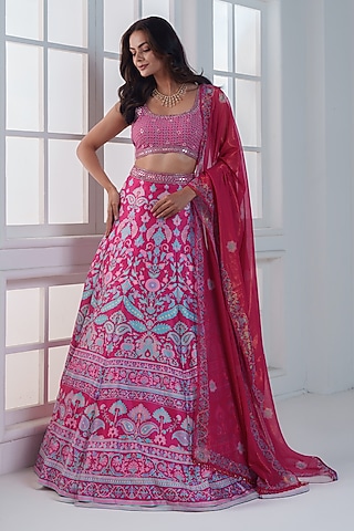 Reddish-Pink Viscose Dull Satin Handwork Lehenga Set by ROSA by Priyanka kar