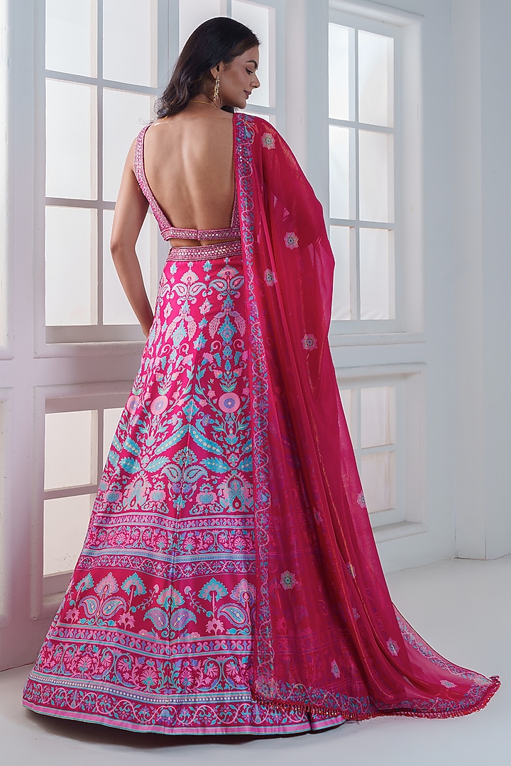 Reddish-Pink Viscose Dull Satin Handwork Wedding Lehenga Set by ROSA by Priyanka kar at Pernia's Pop Up Shop