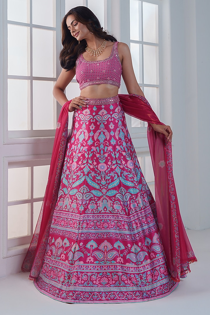 Reddish-Pink Viscose Dull Satin Handwork Wedding Lehenga Set by ROSA by Priyanka kar at Pernia's Pop Up Shop