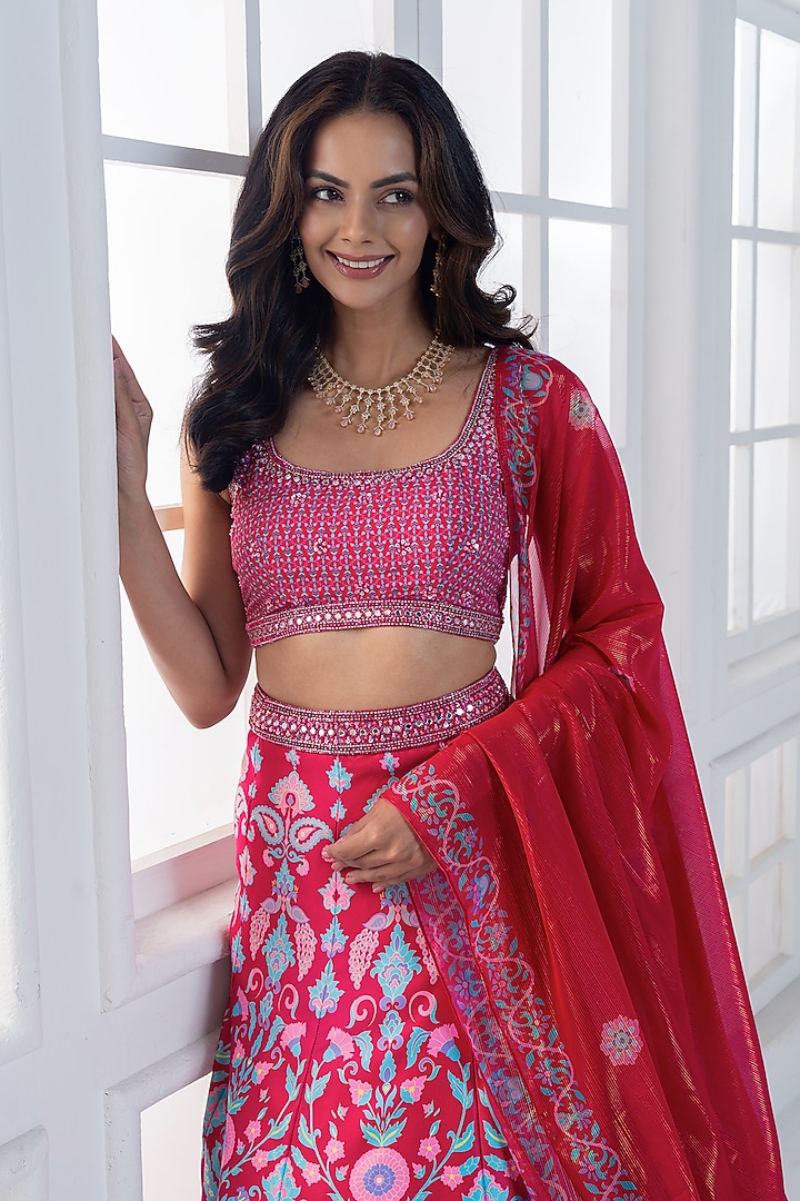 Reddish-Pink Viscose Dull Satin Handwork Wedding Lehenga Set by ROSA by Priyanka kar at Pernia's Pop Up Shop