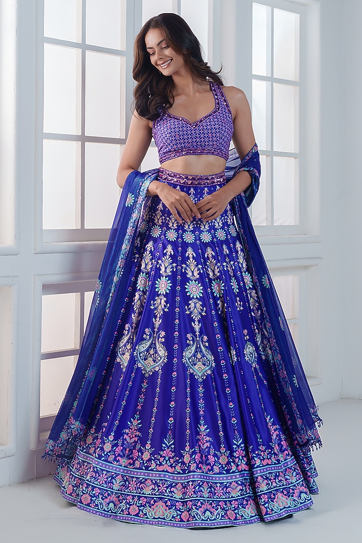 Purple & Blue Viscose Dull Satin Handwork Wedding Lehenga Set by ROSA by Priyanka kar at Pernia's Pop Up Shop