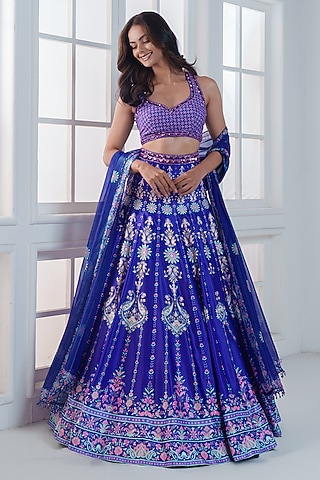 Purple & Blue Viscose Dull Satin Handwork Lehenga Set by ROSA by Priyanka kar
