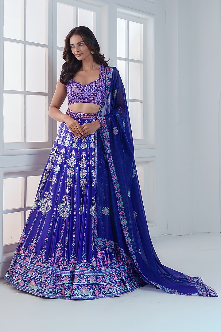 Purple & Blue Viscose Dull Satin Handwork Wedding Lehenga Set by ROSA by Priyanka kar at Pernia's Pop Up Shop