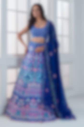 Ocean Blue Viscose Dull Satin Handwork Wedding Lehenga Set by ROSA by Priyanka kar at Pernia's Pop Up Shop
