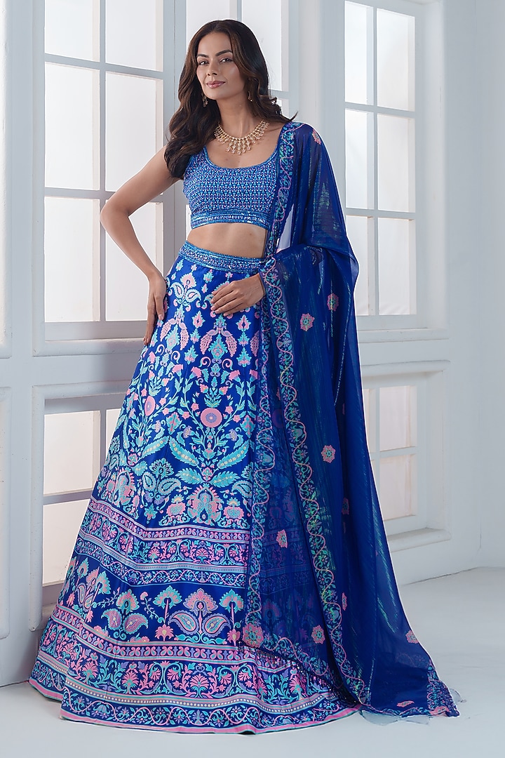 Ocean Blue Viscose Dull Satin Handwork Wedding Lehenga Set by ROSA by Priyanka kar at Pernia's Pop Up Shop