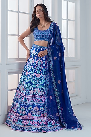 Ocean Blue Viscose Dull Satin Handwork Lehenga Set by ROSA by Priyanka kar
