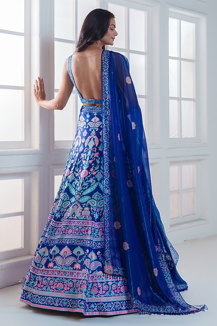 Ocean Blue Viscose Dull Satin Handwork Wedding Lehenga Set by ROSA by Priyanka kar at Pernia's Pop Up Shop
