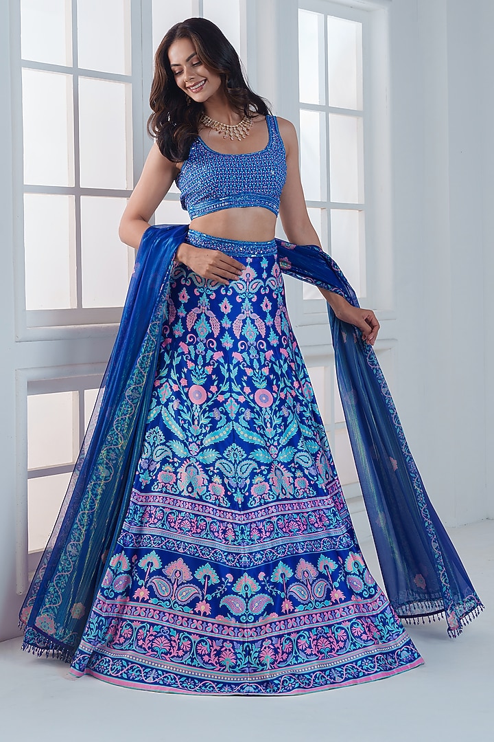 Ocean Blue Viscose Dull Satin Handwork Wedding Lehenga Set by ROSA by Priyanka kar at Pernia's Pop Up Shop