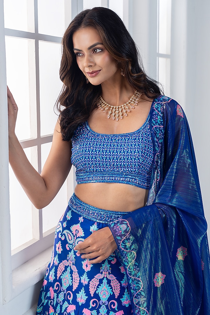 Ocean Blue Viscose Dull Satin Handwork Wedding Lehenga Set by ROSA by Priyanka kar at Pernia's Pop Up Shop