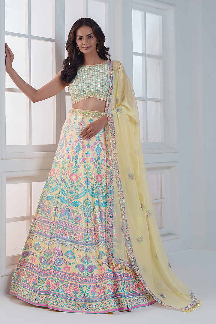 Pista Green & Yellow Viscose Dull Satin Handwork Wedding Lehenga Set by ROSA by Priyanka kar at Pernia's Pop Up Shop