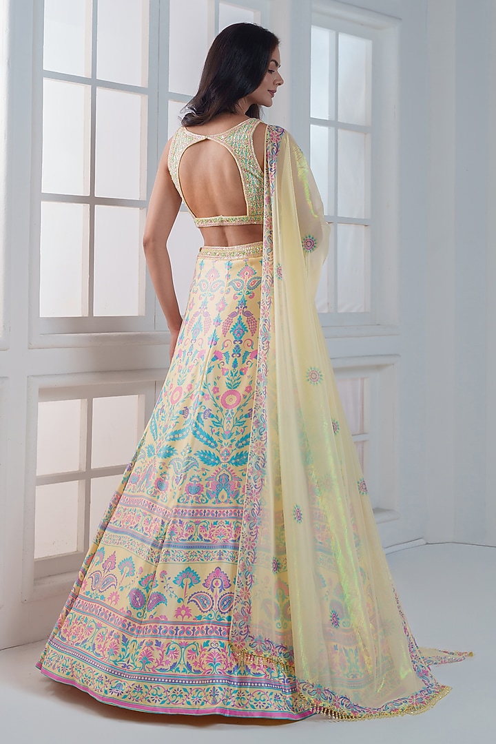 Pista Green & Yellow Viscose Dull Satin Handwork Wedding Lehenga Set by ROSA by Priyanka kar at Pernia's Pop Up Shop