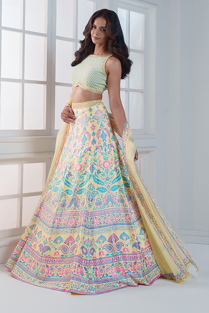 Pista Green & Yellow Viscose Dull Satin Handwork Wedding Lehenga Set by ROSA by Priyanka kar at Pernia's Pop Up Shop