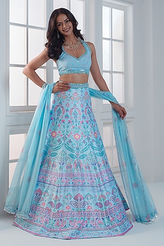 Firozi Blue Viscose Dull Satin Handwork Lehenga Set by ROSA by Priyanka kar