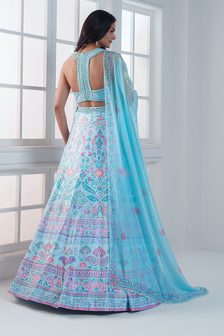 Firozi Blue Viscose Dull Satin Handwork Wedding Lehenga Set by ROSA by Priyanka kar at Pernia's Pop Up Shop