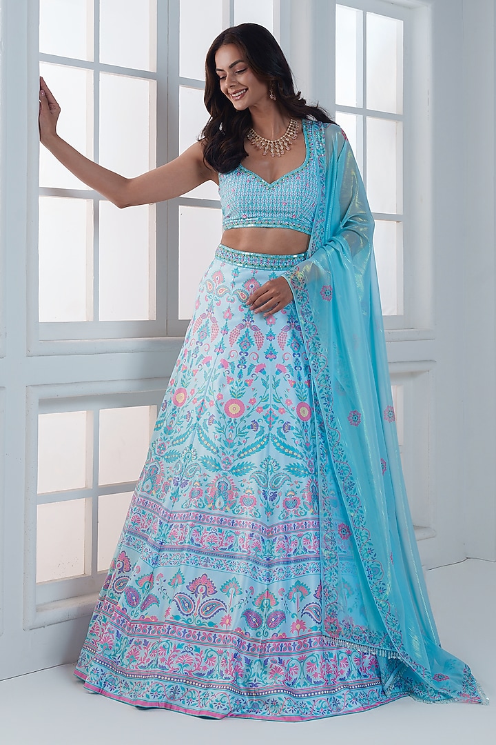 Firozi Blue Viscose Dull Satin Handwork Wedding Lehenga Set by ROSA by Priyanka kar at Pernia's Pop Up Shop