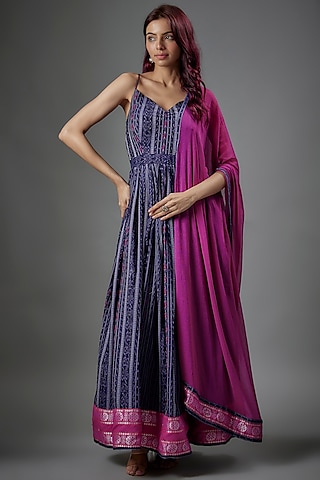 Indigo Blue Cotton Ikat Printed Anarkali Set by ROSA by Priyanka kar