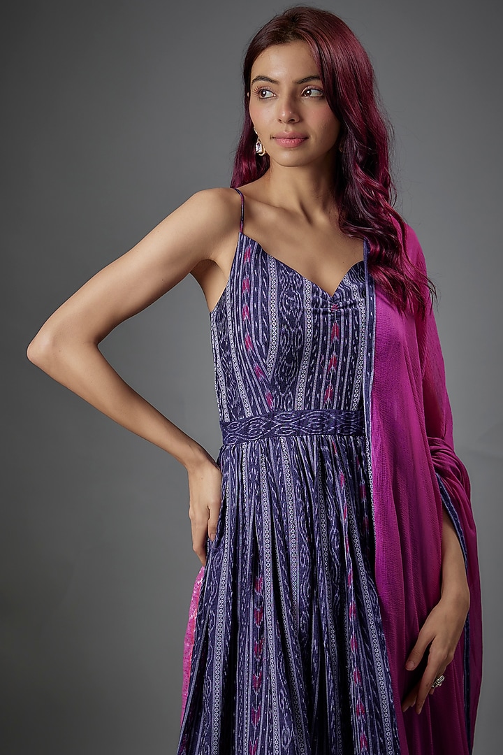 Indigo Blue Cotton Ikat Printed Party Wear Anarkali Set by ROSA by Priyanka kar at Pernia's Pop Up Shop