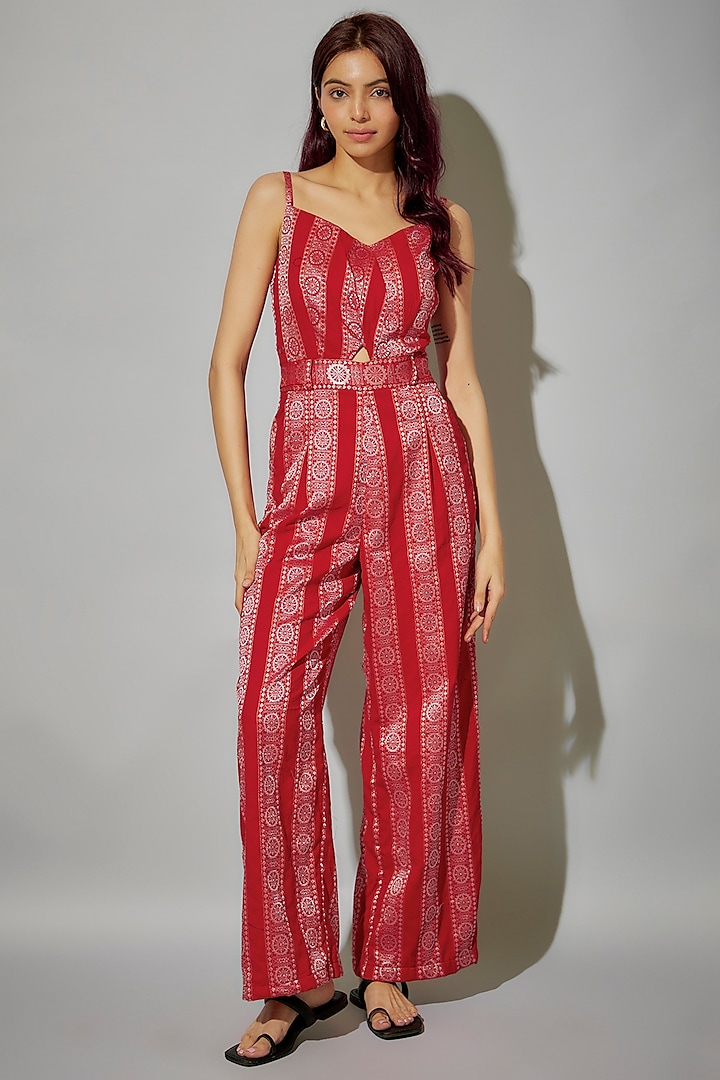 Red Cotton Ikat Printed Jumpsuit by ROSA by Priyanka kar