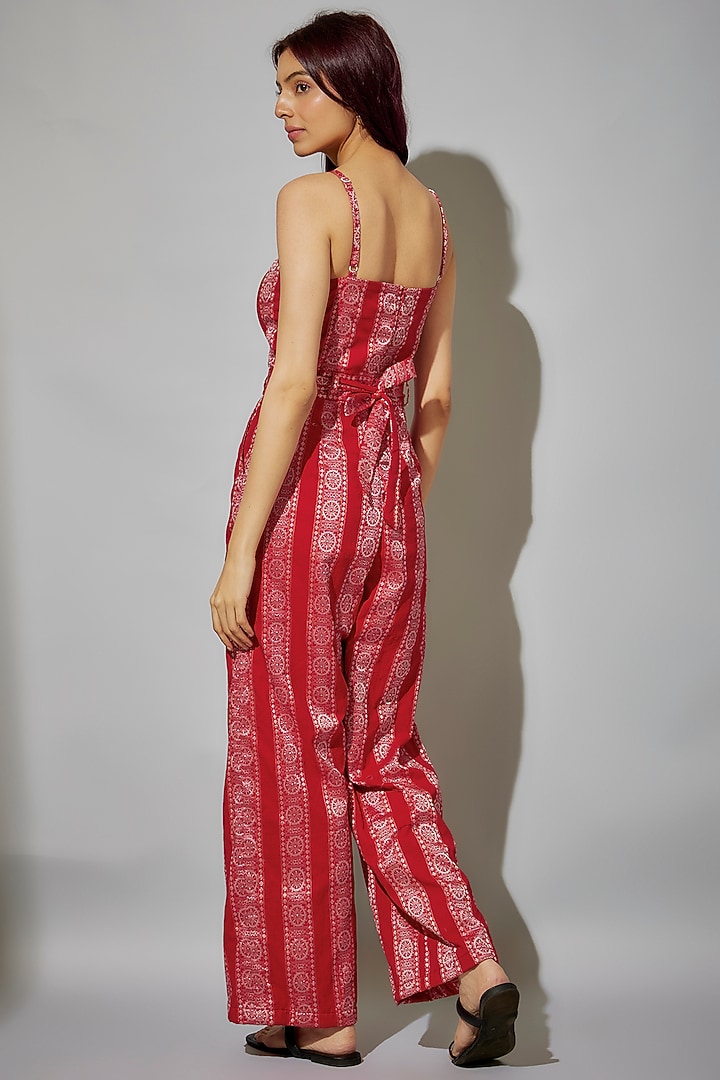 Red Cotton Ikat Printed Jumpsuit by ROSA by Priyanka kar at Pernia's Pop Up Shop