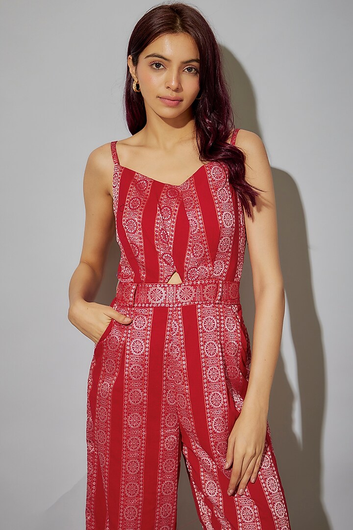 Red Cotton Ikat Printed Jumpsuit by ROSA by Priyanka kar at Pernia's Pop Up Shop