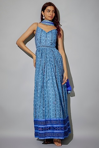 Powder Blue Cotton Ikat Printed Anarkali Set by ROSA by Priyanka kar