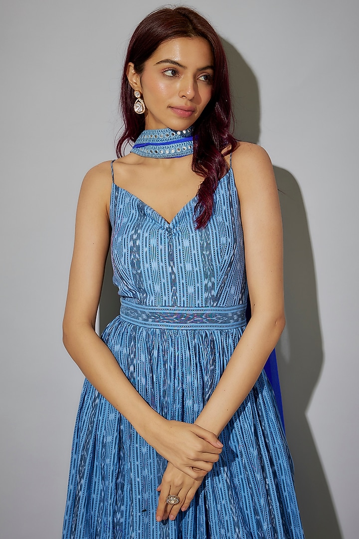 Powder Blue Cotton Ikat Printed Party Wear Anarkali Set by ROSA by Priyanka kar at Pernia's Pop Up Shop