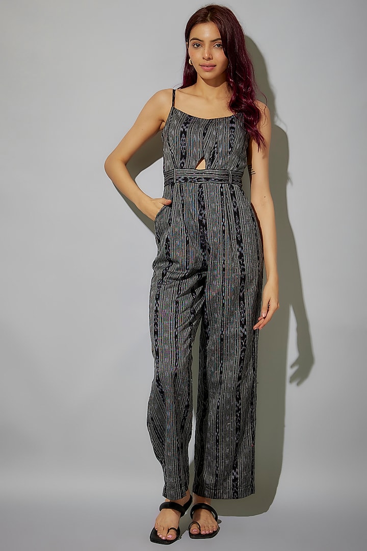 Black-Grey Cotton Ikat Printed Jumpsuit by ROSA by Priyanka kar at Pernia's Pop Up Shop