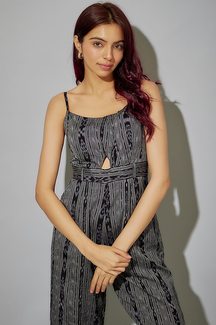 Black-Grey Cotton Ikat Printed Jumpsuit by ROSA by Priyanka kar at Pernia's Pop Up Shop