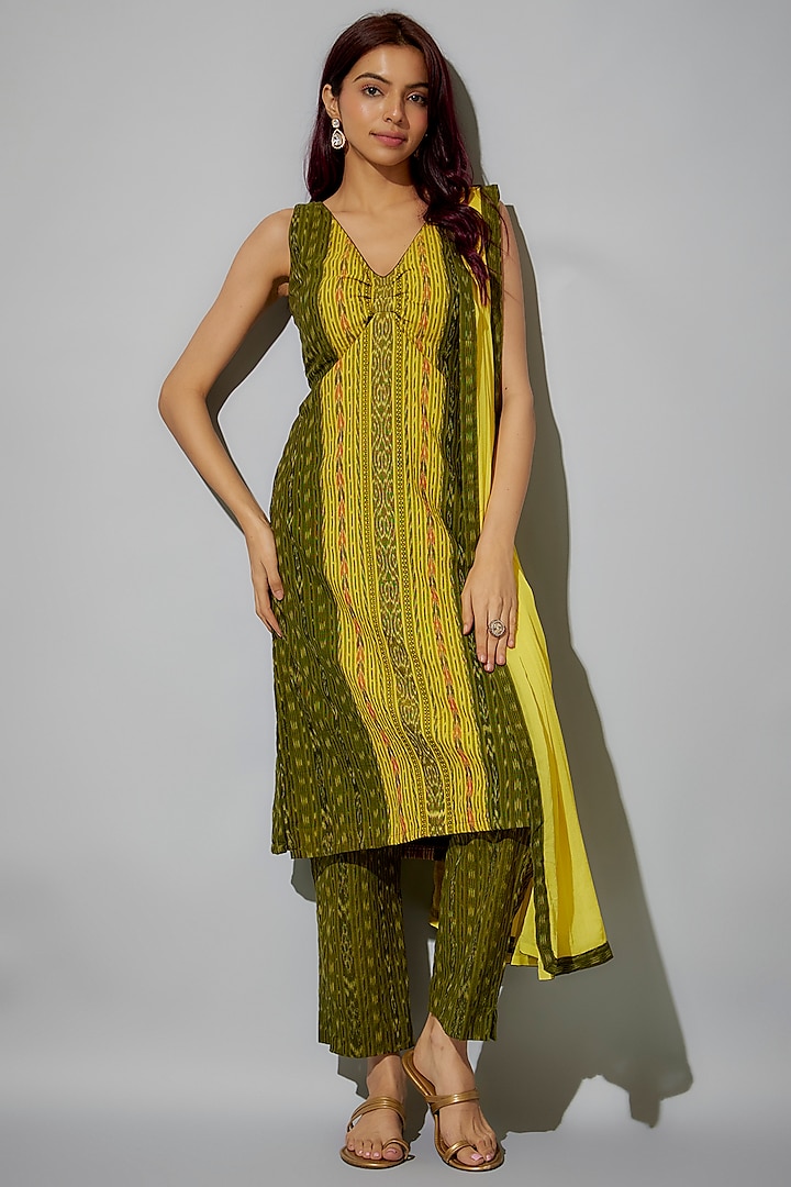 Yellow-Green Cotton Ikat Printed Kurta Set by ROSA by Priyanka kar