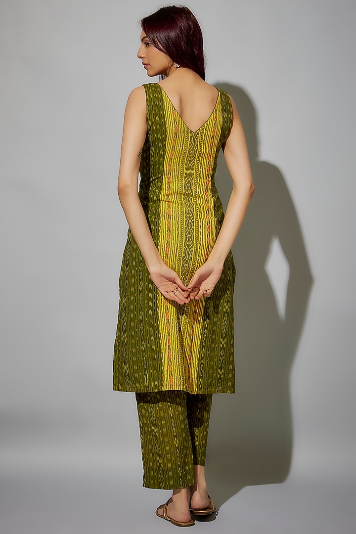 Yellow-Green Cotton Ikat Printed Kurta Set by ROSA by Priyanka kar at Pernia's Pop Up Shop