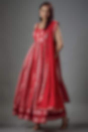 Red Cotton Ikat Printed Anarkali Set by ROSA by Priyanka kar