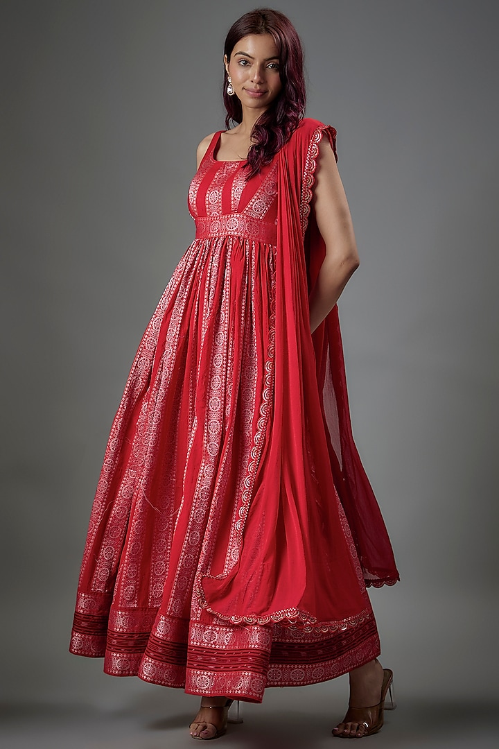 Red Cotton Ikat Printed Anarkali Set by ROSA by Priyanka kar