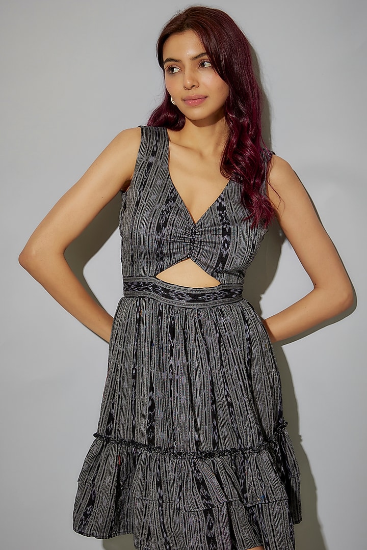 Black-Grey Cotton Ikat Printed Mini Summer Dress by ROSA by Priyanka kar at Pernia's Pop Up Shop