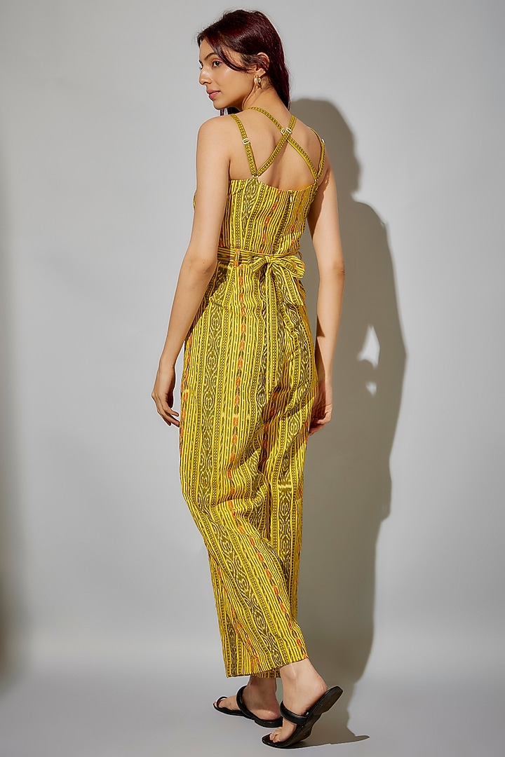 Yellow-Green Cotton Ikat Printed Jumpsuit by ROSA by Priyanka kar at Pernia's Pop Up Shop