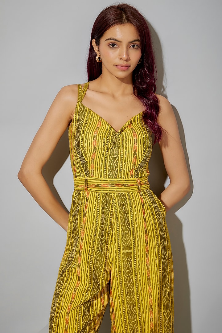 Yellow-Green Cotton Ikat Printed Jumpsuit by ROSA by Priyanka kar at Pernia's Pop Up Shop