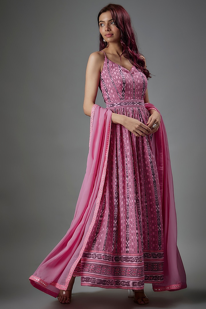 Pink Cotton Ikat Printed Anarkali Set by ROSA by Priyanka kar