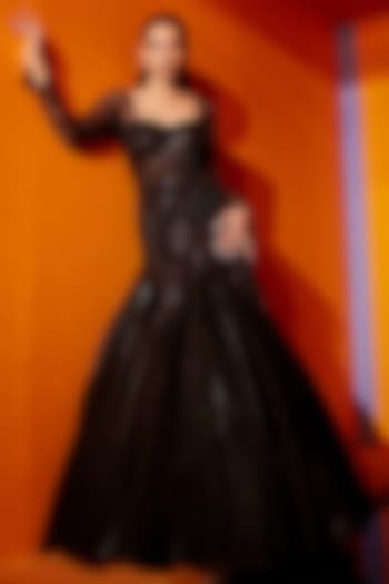 Black Net & Organza Gown by ROQA