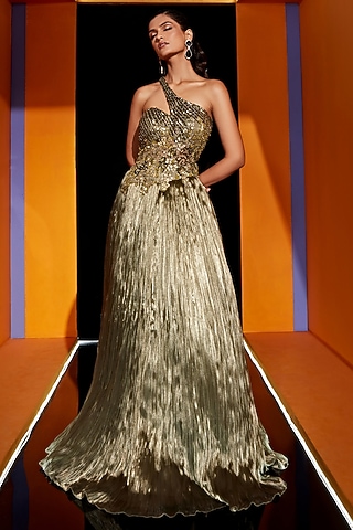 Antique Gold Organza Embroidered Gown by ROQA | Siddharth Khurana & Kartik Khurana