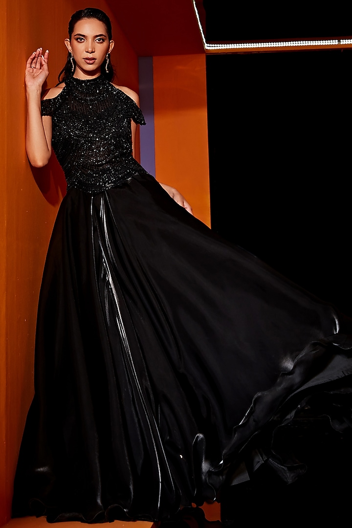 Black Organza Embroidered Gown by ROQA
