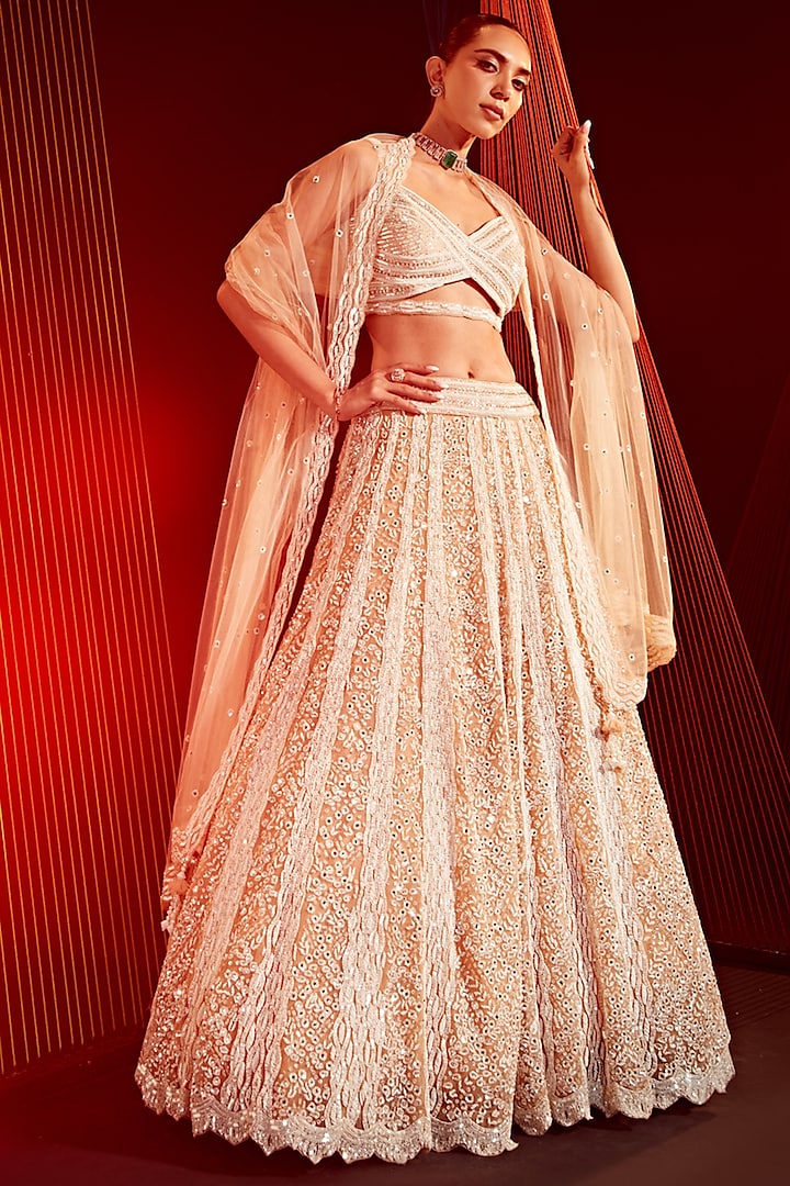 Peach Net Embroidered Lehenga Set by ROQA
