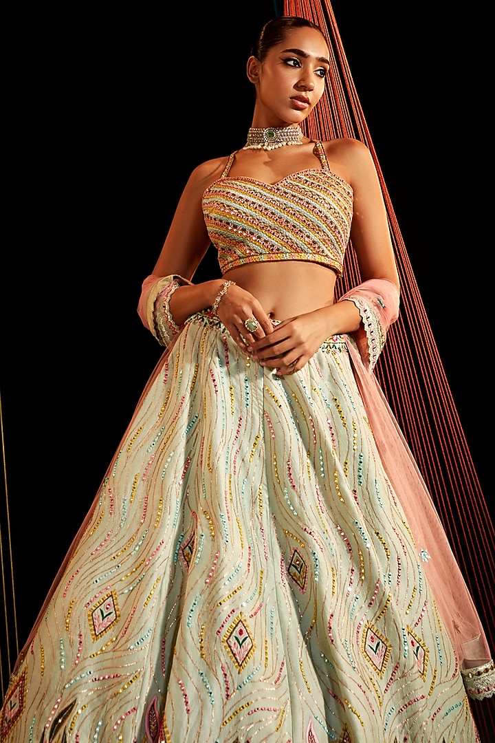Pista Green Silk Embroidered Wedding Lehenga Set by ROQA | Siddharth Khurana & Kartik Khurana at Pernia's Pop Up Shop