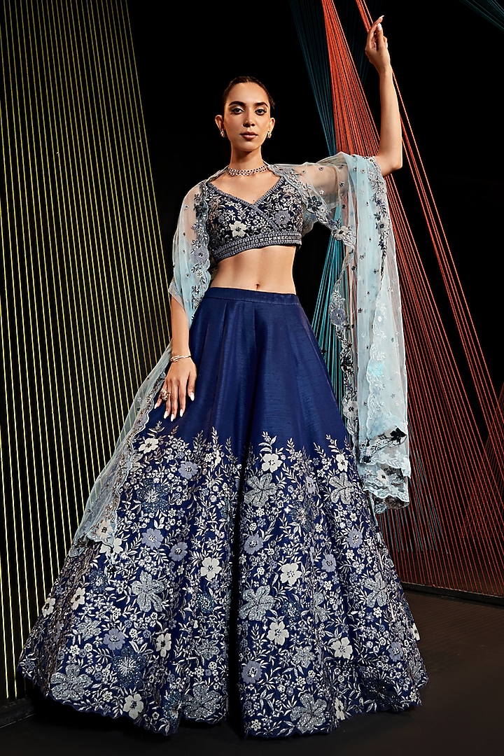 Navy Blue Net Floral Embroidered Lehenga Set by ROQA