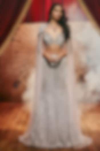 Silver Net Bead Embellished Flared Bridal Lehenga Set by ROQA | Siddharth Khurana & Kartik Khurana at Pernia's Pop Up Shop