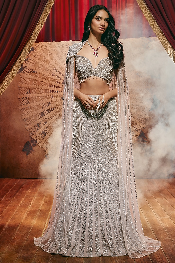 Silver Net Bead Embellished Flared Bridal Lehenga Set by ROQA | Siddharth Khurana & Kartik Khurana at Pernia's Pop Up Shop