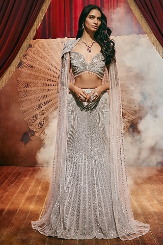 Silver Net Bead Embellished Flared Lehenga Set by ROQA | Siddharth Khurana & Kartik Khurana